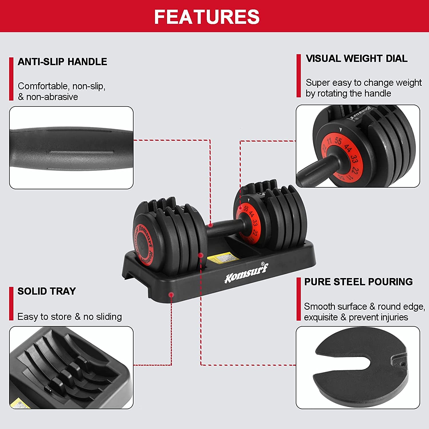 Adjustable Dumbbell, 25/55 Lb Single Dumbbell for Men and Women with Weight Dial Function, Fast Adjust Weight by Rotating Handle, Black Dumbbell with Tray Suitable for Strength Training