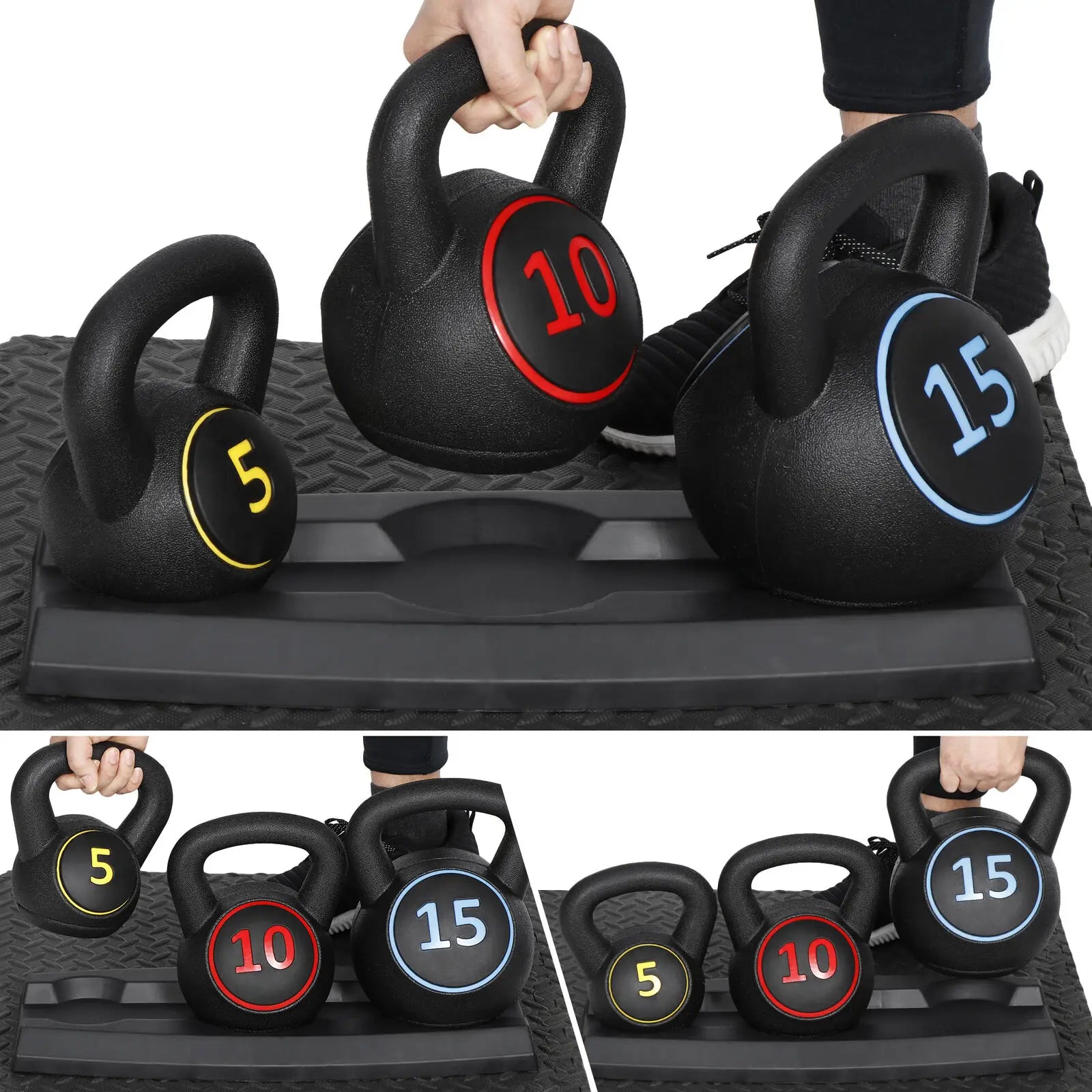 3-Piece Kettlebell Set Fitness Strength Training Exercise with Base Home Gym
